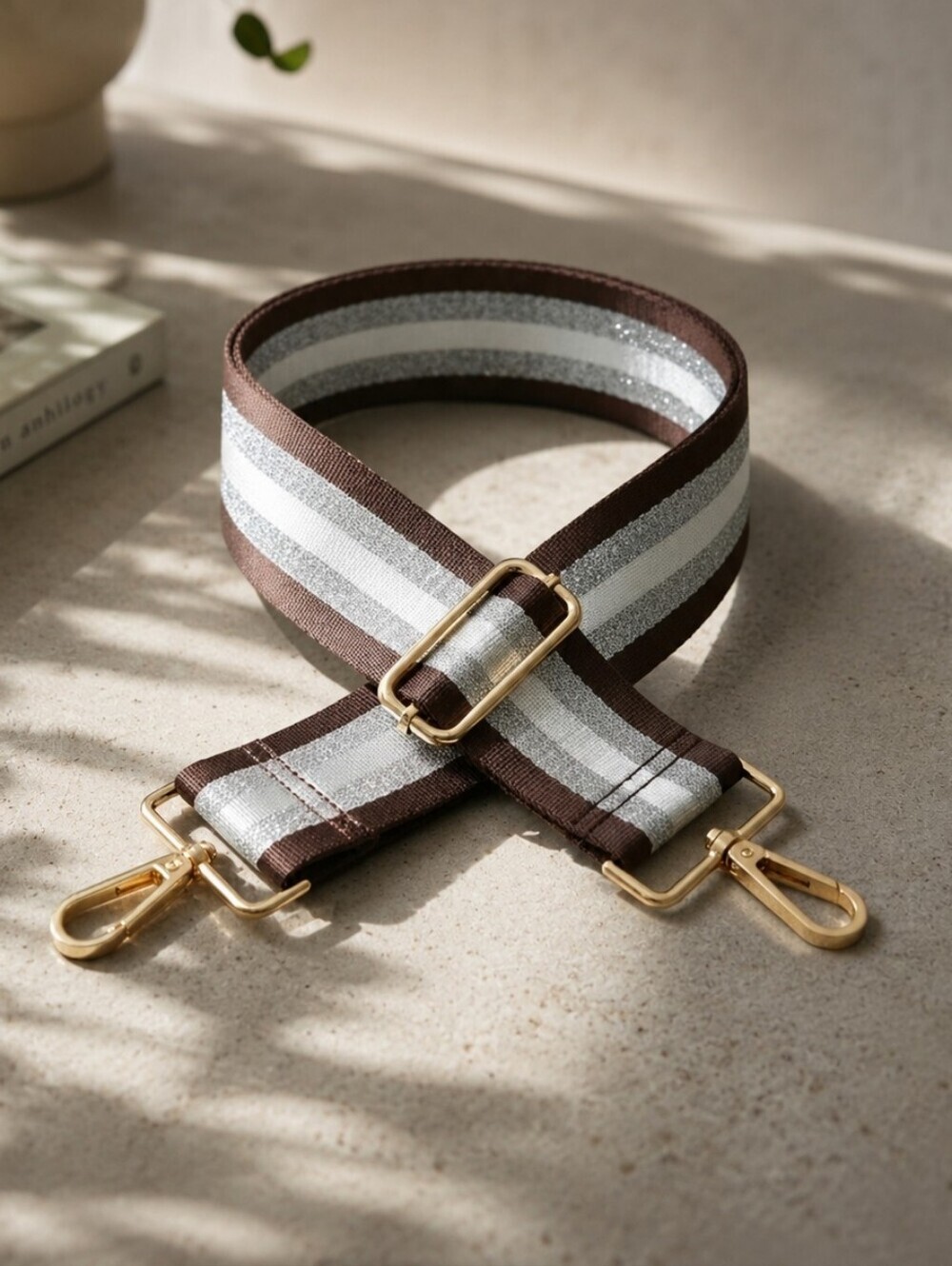 Striped Brown and Silver Crossbody Bag Strap with Gold Hardware